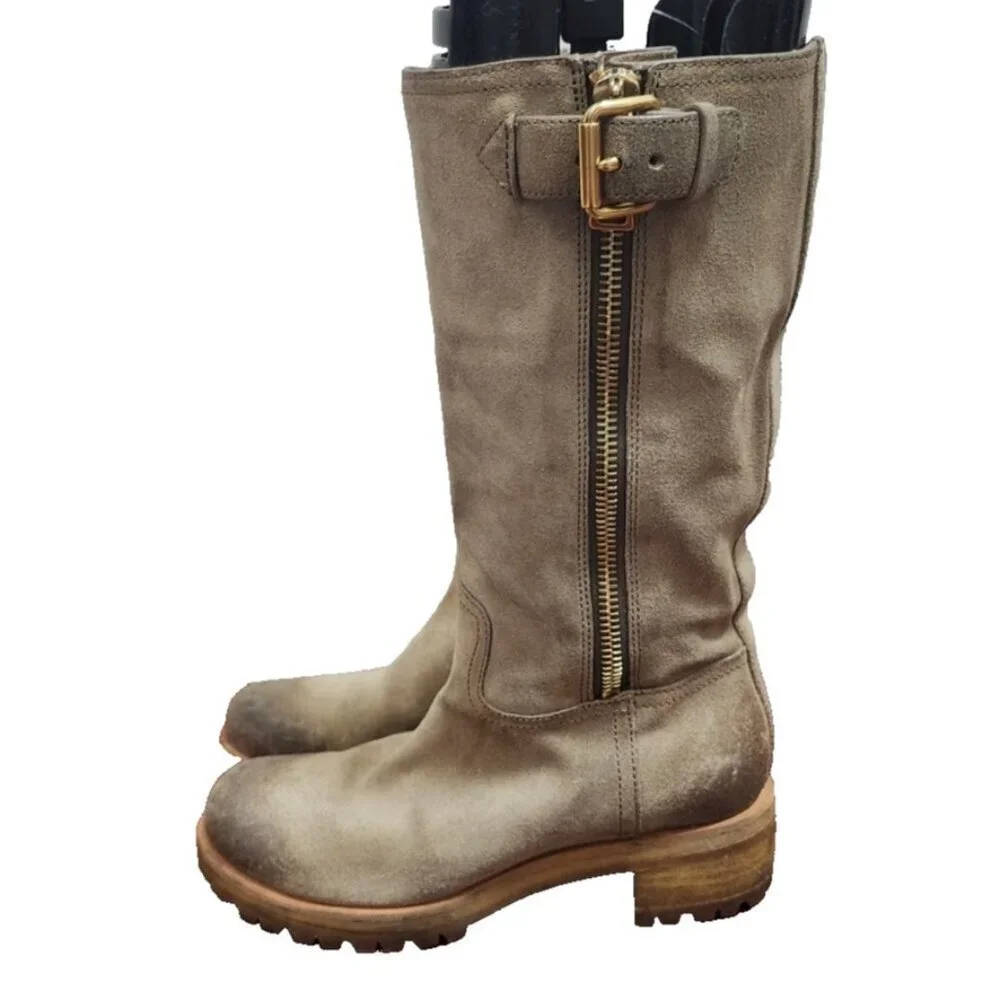 Prada Suede Mid Calf Moto Boots 37.5 Beige Taupe Leather Lined Lug Sole Side Zip - Picture 4 of 15